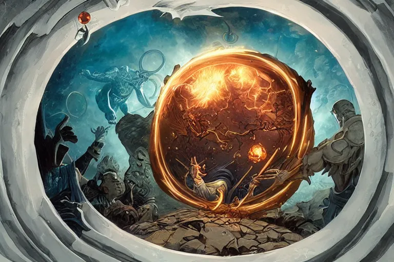 Image similar to wizards conjuring a bitcoin through a circular portal, by greg rutkowski and frank frazetta and peter mohrbacher and william blake and dan mumford