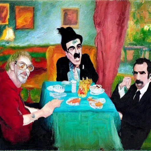 Prompt: frank zappa having a tea party with the queen and elton john, impressionist style,