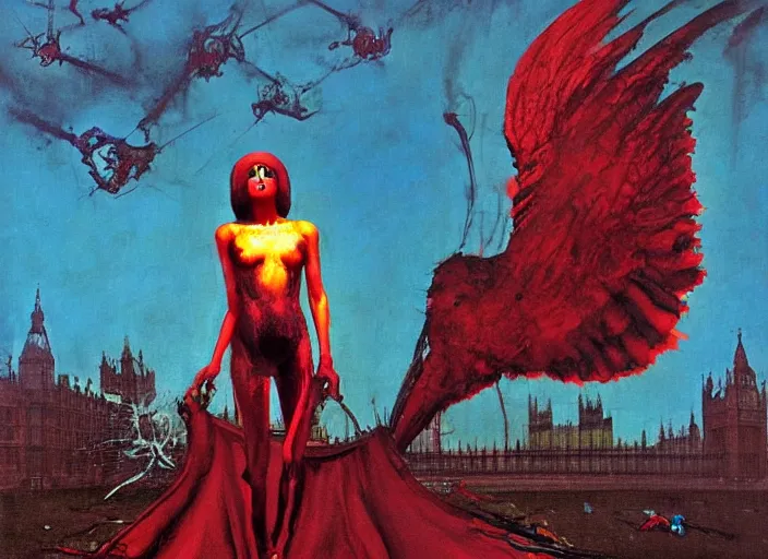 Prompt: a red dark angel ascending in the london park, by francis bacon, surreal, norman rockwell and james jean, greg hildebrandt, scene from the movie prometheus, triadic color scheme, by greg rutkowski, in the style of francis bacon and syd mead and edward hopper and beksinski, dark surrealism, orange and turquoise and pink and yellow and blue and red