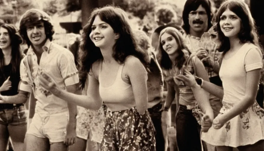Prompt: 70s movie about a happy, attractive teenager girl at a nice carnival.