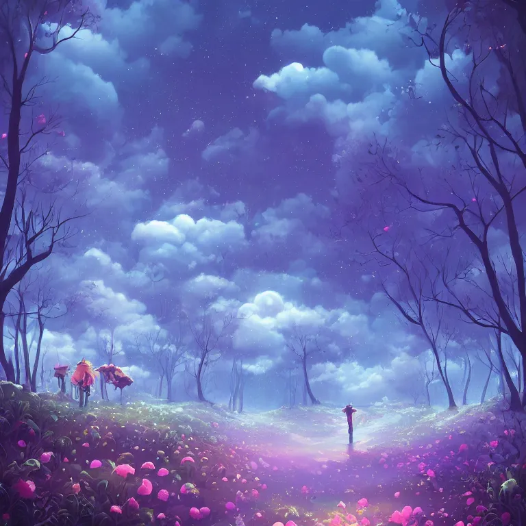 Image similar to A beautiful ultra detailed matte painting Moonlight woods near the water puffy clouds in sky vivid colors, by Cyril Rolando, David Wiesner, unreal engine, featured on artstation