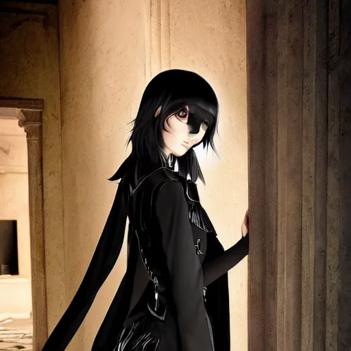 Image similar to 1 7 - year - old goth girl, black hair, long bob cut, long bangs, gothic coat, dark hallways, soft lighting, glowing keypads, secret society, roman pillars, strong lighting, strong shadows, vivid hues, ultra - realistic, sharp details, subsurface scattering, intricate details, hd anime, 2 0 1 9 anime