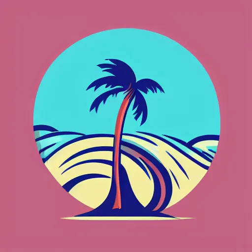 Prompt: waves in bottom front of a palm tree in front of a giant volleyball vector logo, professional sports style, flat colour, svg, professional, sharp edges