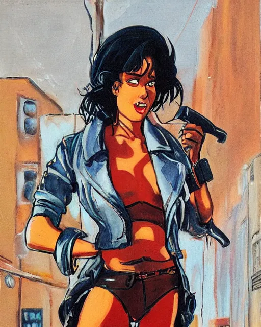 Image similar to young female protagonist in leather jacket, city street, artwork by ralph bakshi