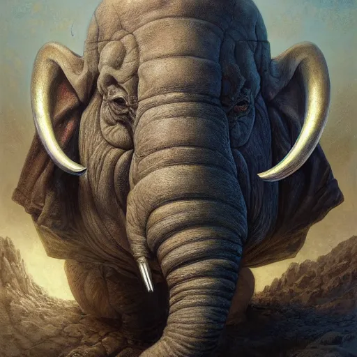 Image similar to fantasy portrait, portly elephant man, wearing loincloth, seven pointed star, rpg game, main character, detailed, digital painting, artstation, sharp focus, illustration, tomasz alen kopera, peter mohrbacher, donato giancola, joseph christian leyendecker, wlop, frank frazetta