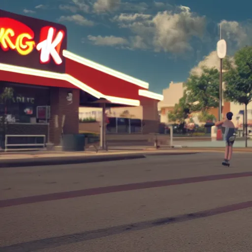 Prompt: kenny g skateboarding in a burger king parking lot, epic, cinematic, realism, ultra detailed, 8 k