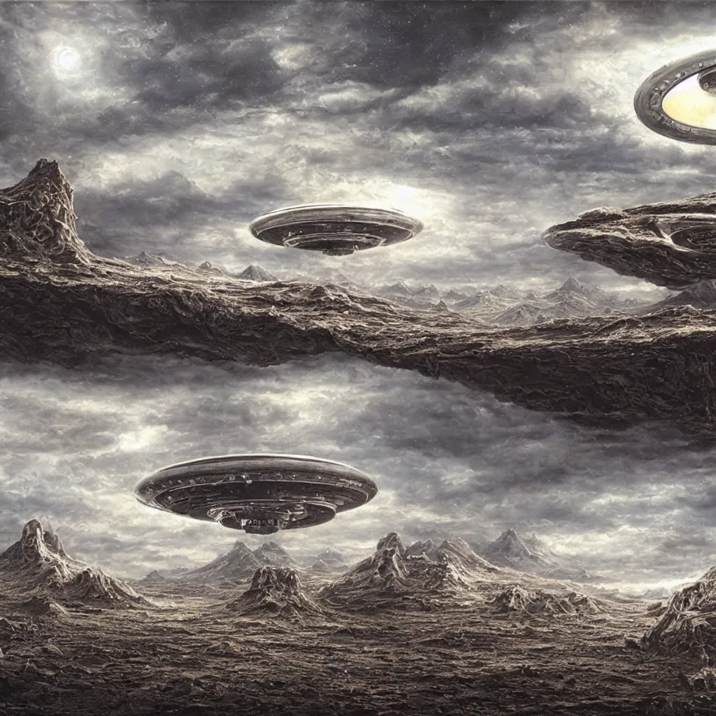 Prompt: ufo landing at the most interesting place in the universe, hyper realistic detailed by Bob Ross and H.R. Giger