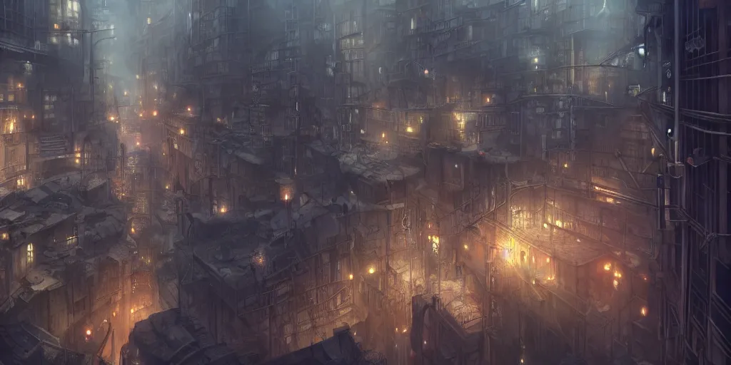 Prompt: underground dense city, steampunk, Makoto Shinkai, anime, trending on ArtStation, digital artmatte painting, concept art, illustration, oppressive lighting, trending on artstation, very detailed