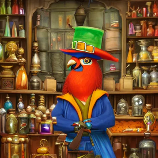 Prompt: Anthropomorphized parrot trader in his shop, shelves full, selling a gem, portrait, items, magic potions, carpet, window, fancy hat, sly expression , cunning expression, cute expression, presenting magic gem, D&D, fantasy, cinematic lighting, highly detailed, digital painting, artstation, concept art, smooth, sharp focus, illustration, warm light, cozy warm tint, magic the gathering artwork, volumetric lighting, 8k, no gold, no gold colours, art by Akihiko Yoshida, Greg Rutkowski