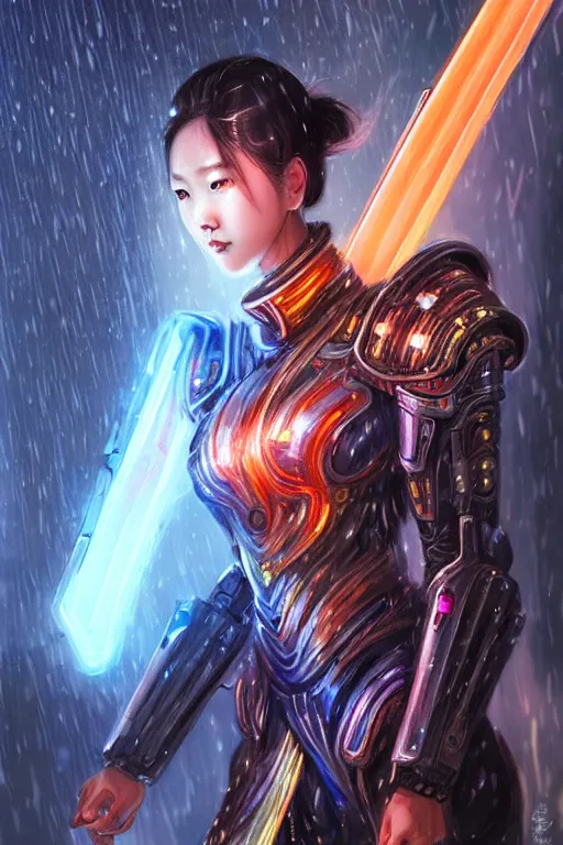 Image similar to portrait futuristic wuxia armor heroine Girl with thunder and fire sparkles and starlight, sword dance in future cyberpunk tokyo heavy rainning rooftop , ssci-fi, fantasy, intricate, very very beautiful, elegant, human structure, neon light, highly detailed, digital painting, artstation, concept art, smooth, sharp focus, illustration, art by tian zi and WLOP and alphonse mucha