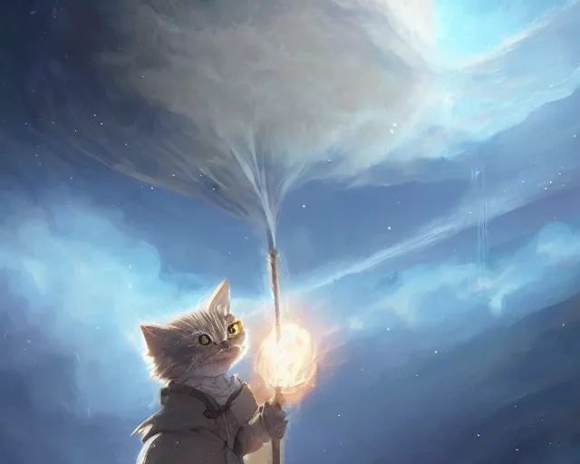 Image similar to one cartoonish kitty dressed as Gandalf floating alone in space, bright stars, anime, a fantasy digital painting by Greg Rutkowski and James Gurney, trending on Artstation, highly detailed