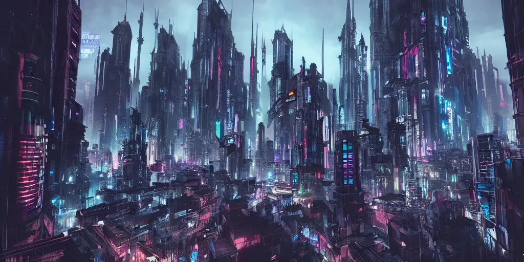 Image similar to gothic city of the future cyberpunk style