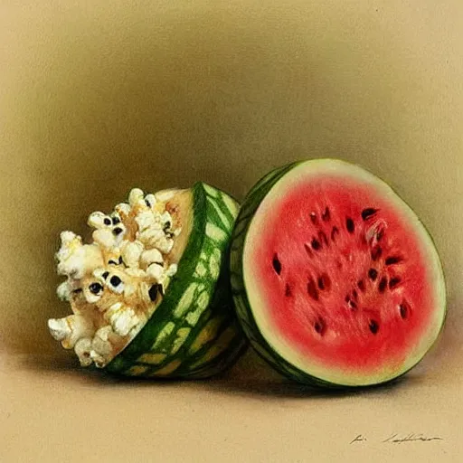 Image similar to (((((1950s watermelons and popcorn. muted colors.))))) by Jean-Baptiste Monge !!!!!!!!!!!!!!!!!!!!!!!!!!!