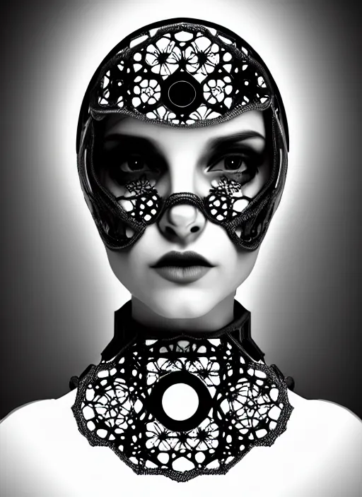 Image similar to black and white gothic masterpiece profile portrait, one steampunk eye silver hexagonal meshes floral biomechanical beautiful young female cyborg - vampire, big monocular, volumetric light, hibiscus flowers, by hg giger, rim light, big gothic fashion pearl embroidered collar, 8 k