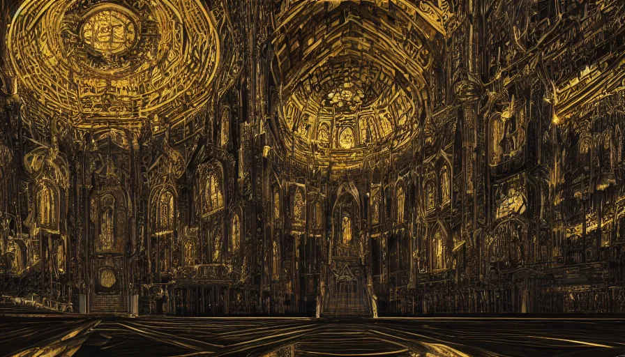 Image similar to Interior of a black and gold church, hyperdetailed, artstation, cgsociety, 8k