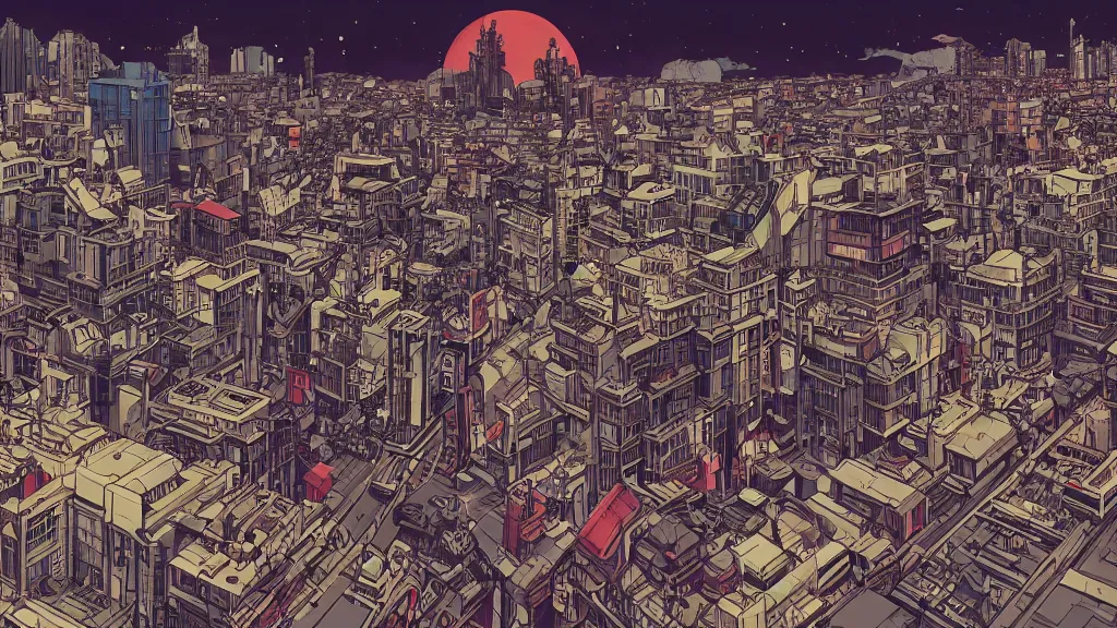 Prompt: detailed, prophet graphic novel, jack kirby, ghibli, ilya kuvshinov, mcbess, simon roy, illustration of dystopian decrepit metropolis nuclear explosions everywhere, new tokyo, wide shot, vibrant color, deep shadows, astrophotography, hyperdetailed, cryengine, realistic shaded lighting, sharp focus