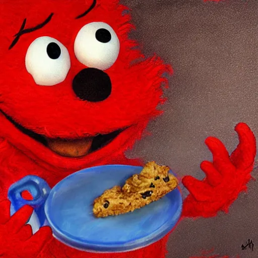 Image similar to elmo eating a cookie in hell, digital art, oil painting, 3 d,