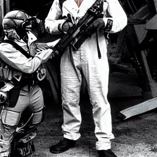 Image similar to George Lopez dressed as a Colonial Marine from Aliens (1986).