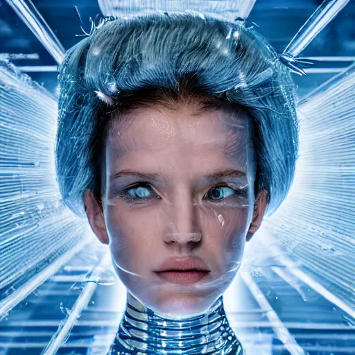 Prompt: futuristic female soldier suspended by many plastic tubes in water inside glass tank. wearing light blue complex hyperdetailed technical suit. white hair flowing. reflection. rays and dispersion of light. volumetric light. 5 0 mm, f / 3 2. noise film photo. ultra realistic, wide angle. rudolf herczog, dang my lihn