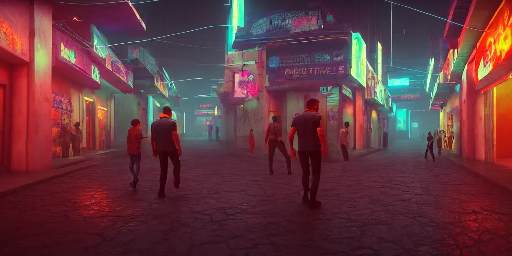 Image similar to a futuristic small mexican town cobbled street, blade runner 2 0 4 9 city architecture, mexican dia de muertos decorations, environmental lighting, stromy weather, ray tracing, people walking on street, amazing view, highly detailed, neon shops, octane render, unreal engine 5, 4 k