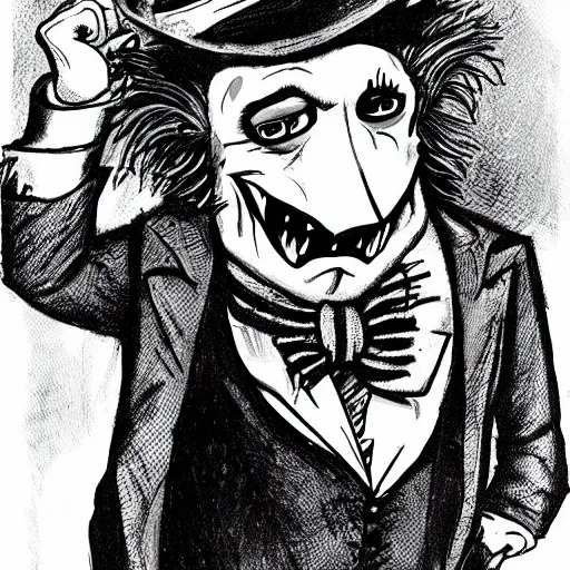 Image similar to a Pop Wonder scary horror themed goofy-hilarious-character Mad-Hatter-wearing a scarf, 3-piece-suit, dime-store-comic drawn with charcoal and pen and ink, half-tone-line-stacking