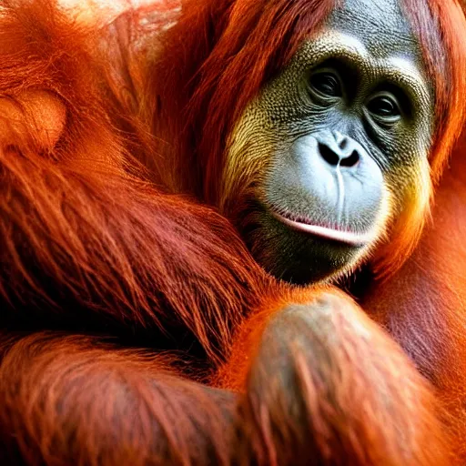 Prompt: photograph of an orangutan just waking up in a bed full of blankets, 4 k, full hd, highly detailed, close up