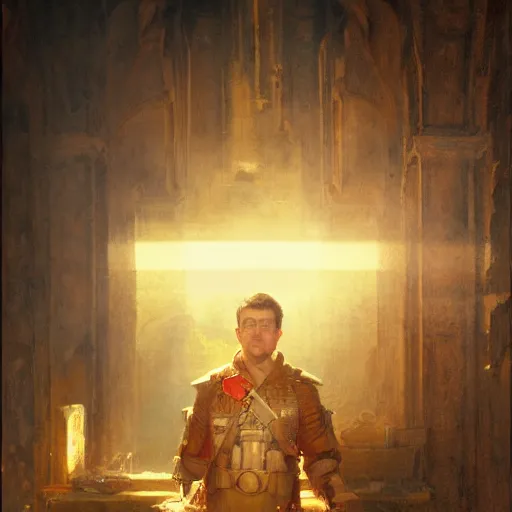 Prompt: handsome portrait of ezra klein posing, radiant light, caustics, war hero, apex legends, by gaston bussiere, bayard wu, greg rutkowski, giger, maxim verehin