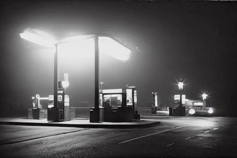 Image similar to “ gas station, night, fog, 1 9 0 0 ’ s photo ”