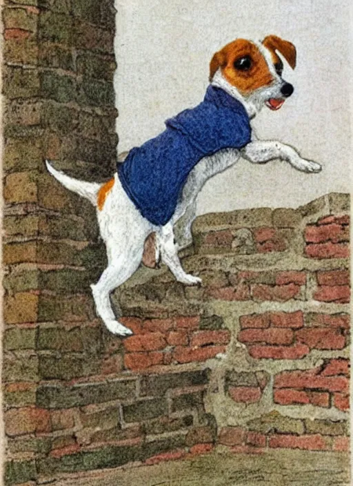 Image similar to jack russel terrier jumping on brick structure, illustrated by peggy fortnum and beatrix potter and sir john tenniel