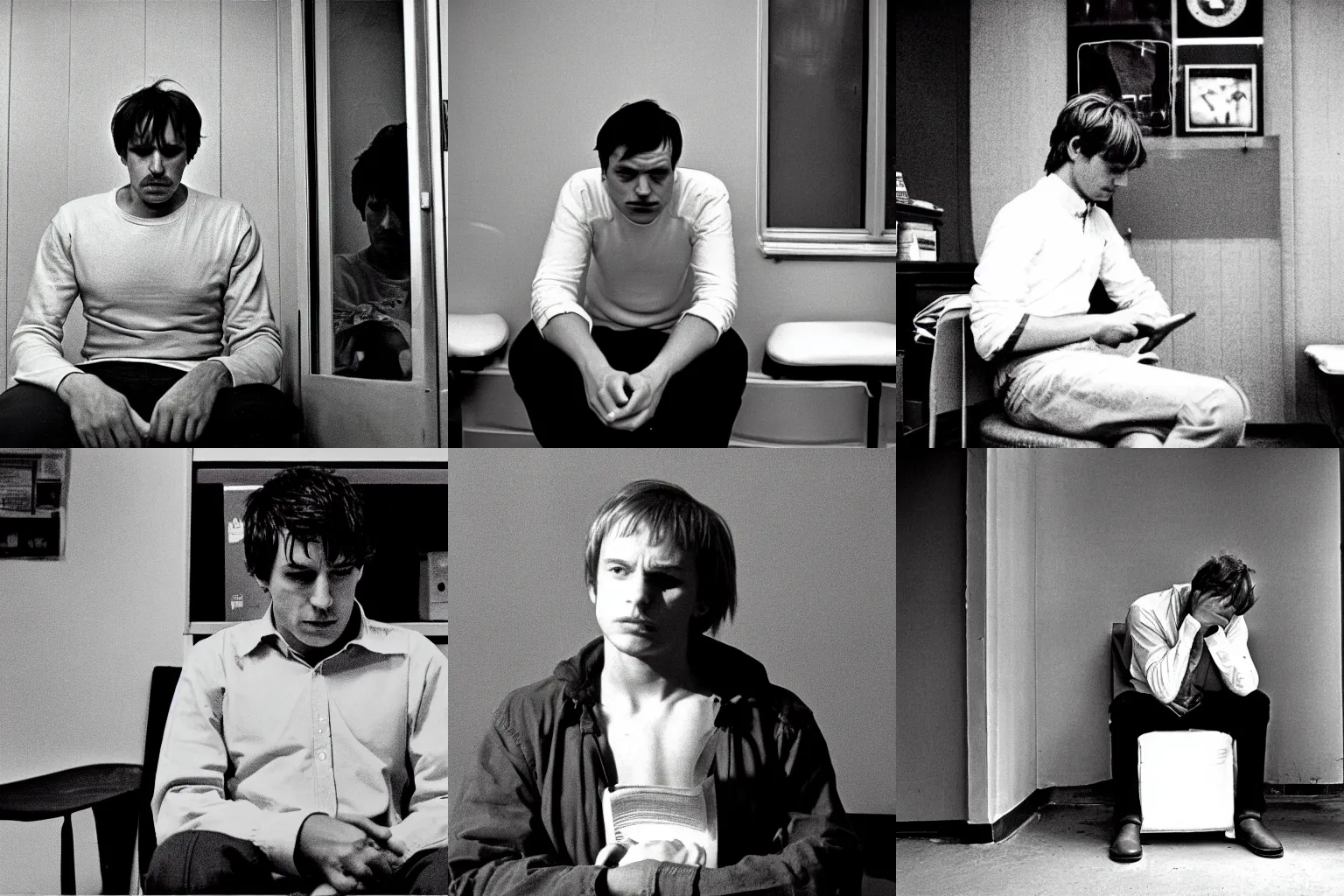 Prompt: Hamlet is depressed and sitting alone in small therapy office in soho 1982, photograph