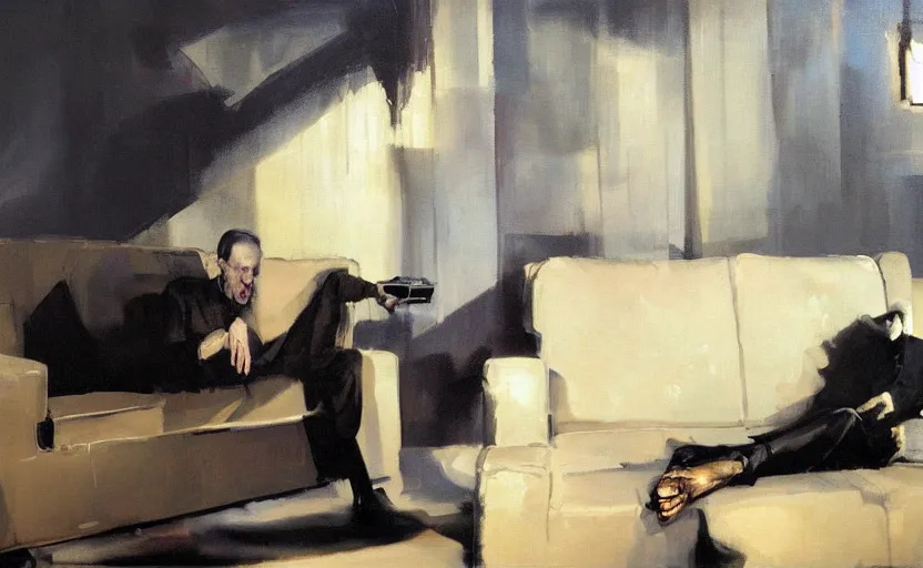 Image similar to a thin man screams at a telephone beside a sofa in a dark living room, painted by phil hale and rick berry and jeremy mann, highly detailed