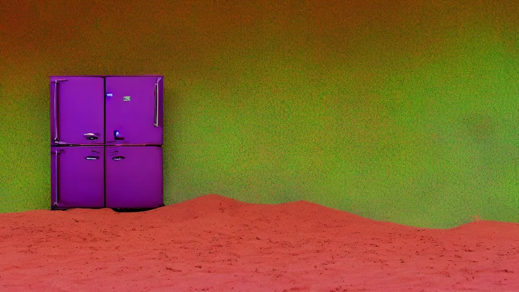 Image similar to purple refrigerator, red sand beach, green ocean, nebula sunset