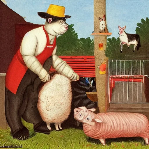 Prompt: butcher giving food to a cat, while being watched by a pig, a sheep, a chicken and a cow