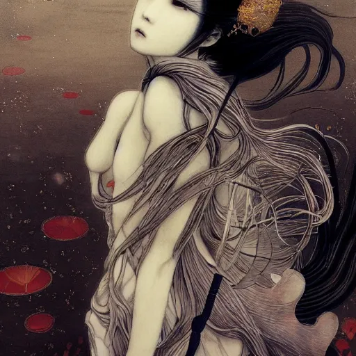 Image similar to yoshitaka amano blurred and dreamy realistic illustration of a japanese woman with black eyes, wavy white hair fluttering in the wind wearing elden ring armor with engraving, abstract patterns in the background, satoshi kon anime, noisy film grain effect, highly detailed, renaissance oil painting, weird portrait angle, blurred lost edges, three quarter view