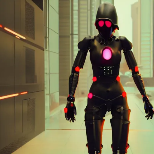 Prompt: movie still of stylized cybernetic ninja - cyberpunk girl, wearing techwear and armor, complementary colors