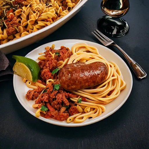 Prompt: photograph of a dish made with sausage, pasta and tacos