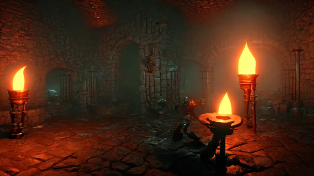 Image similar to delicious torch lit prison dungeon jail cell alchemist light magic skulls scattered around atmospheric unreal engine hyperreallistic render 8k character concept art masterpiece screenshot from the video game the Elder Scrolls V: Skyrim moody orange 2700K global illumination