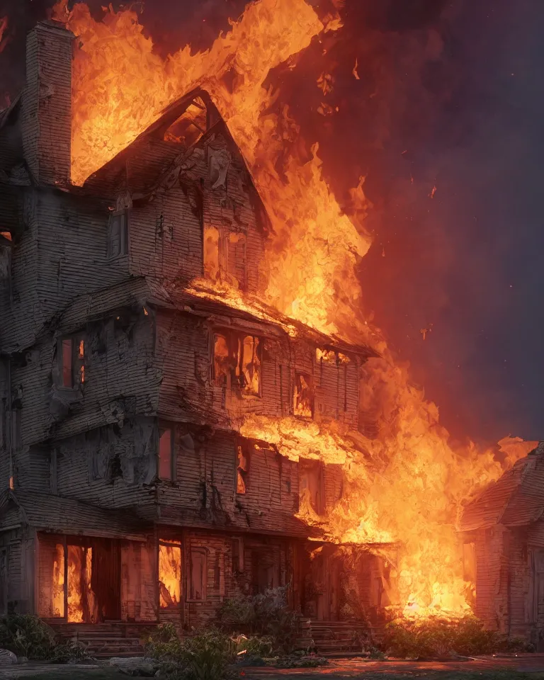 Image similar to a beautiful hyperrealistic ultradetailed 3D render of a burning house, by brian sum and stephan martiniere and pixar and Toya Ito, unreal engine, octane render, gigantic, 3D, brilliantly coloured, intricate, ultra wide angle, trending on artstation, embers, smoke, dust, dusk, volumetric lighting, HDR, polished, micro details, ray tracing, 8k