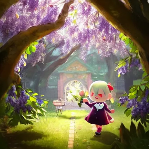 Image similar to animal crossing skye under Wisteria, floral explosion, radiant light, vortex of plum petals, oil painting, Tooth Wu, Greg Rutkowski, RPG portrait, dynamic lighting, fantasy art, High contrast, depth of field