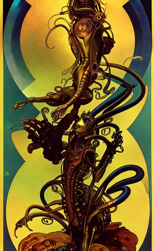 Image similar to exquisite imaginative alien creature poster art, gold, movie art, by lucusfilm, weta studio, alphonso mucha, james jean, frank frazetta, 8 k, denoised