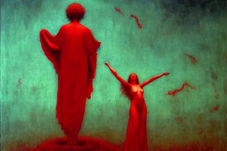 Image similar to only with red, a red angel announce the win, at the gates of a rich renaissance city, pathos, in the style of beksinski, part by hopper, part by rodcenko, part by hofbauer, intricate composition, red by caravaggio, insanely quality, highly detailed, masterpiece, red light, artstation