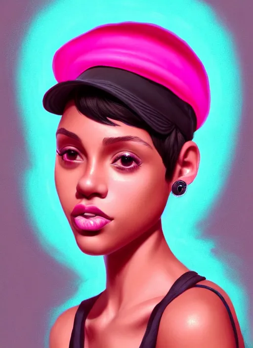 Image similar to portrait of teenage vanessa morgan with bright pink hair, black girl, vanessa morgan, curly pixie cut hair, wearing newsboy cap, newsboy cap, hoop earrings, intricate, elegant, glowing lights, highly detailed, digital painting, artstation, concept art, smooth, sharp focus, illustration, art by wlop, mars ravelo and greg rutkowski