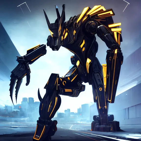 Prompt: cinematic shot, 35 foot tall detailed beautiful handsome quadrupedal feral robot mecha dragon, sharp edged black armor, gold accents, sleek blue OLED visor for eyes, four legs, walking in busy neon city streets, sharp paws, epic shot, highly detailed art, sci fi, furry, 3D realistic, warframe fanart, destiny fanart, furry art, dragon art, feral art, macro art, furaffinity, DeviantArt, sofurry