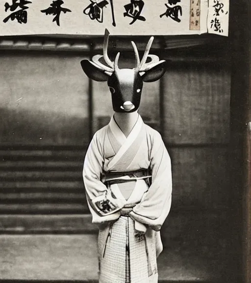 Image similar to 1 8 th century japanese street market in kyoto 1 9 0 0 s early photography portrait anthro anthropomorphic deer head animal person fursona wearing clothes street trader