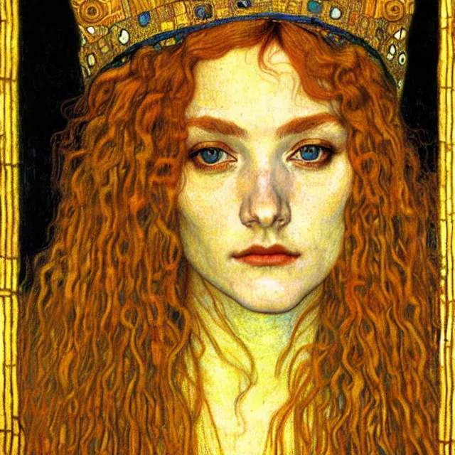 Image similar to detailed realistic beautiful young medieval queen face portrait by jean delville, gustav klimt and vincent van gogh, art nouveau, symbolist, visionary, gothic, pre - raphaelite, muted earthy colors, desaturated