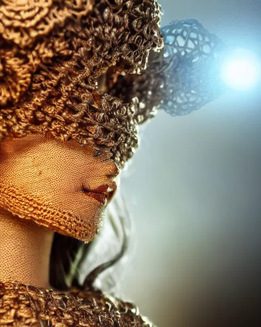 Image similar to macro closeup headshot of a beautiful seductive crochet doll wearing full plate armor, d & d, fantasy, rim light, volumetric lighting, digital painting, artstation, concept art, smooth, sharp focus, illustration, art by arney freytag, glamour pose, greg rutkowski, maxfield parrish and alphonse mucha, sunrise, new art nouveau, soft ambient lighting, particle effects