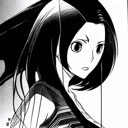 Image similar to alita by yukito kishiro. medium shot. black and white manga. pencil drawing.