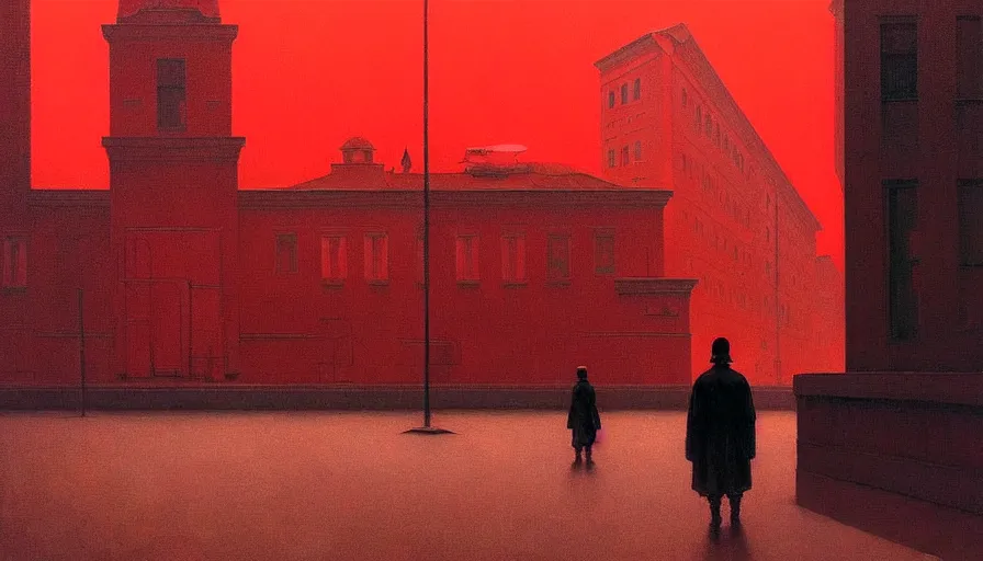 Prompt: only with red, soviet communism city cold atmosphere and with soviet flag, in the style of beksinski, by edward hopper and rodcenko and yue minjun and cory loftis, intricate and epic composition, red by caravaggio, highly detailed, masterpiece, red light, artstation, art nouveau