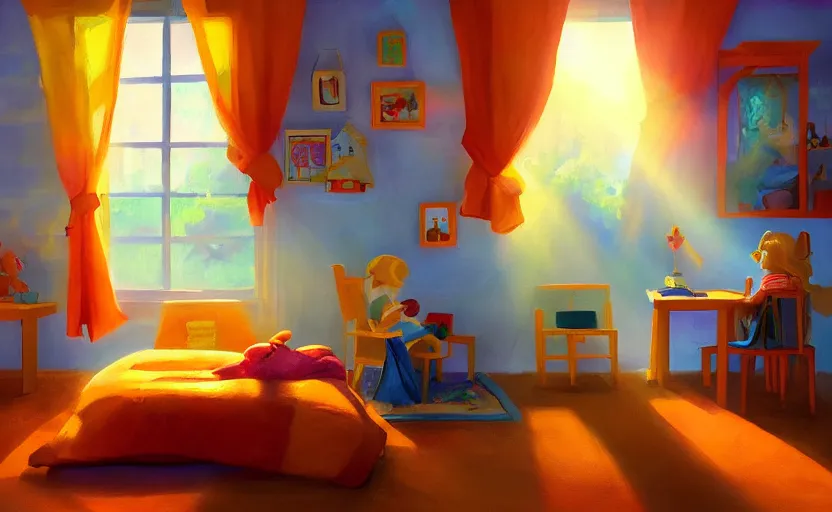 Image similar to happy morning and the rays of the morning sun shining through the window of kid's room in the village house clear sky, warm colors, coherent shadows, happy mood, oil painting, high detail, trending on artstation