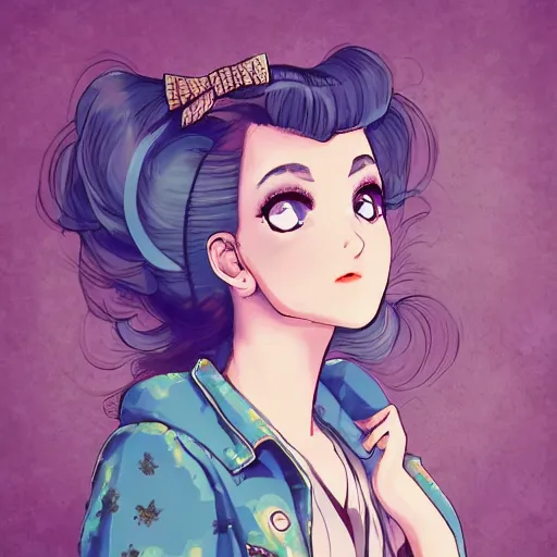 Image similar to beautiful little girl, profile picture, vintage fashion, highly detailed, reflection, 8 k, realistic artwork, hd, inspired by jojo bizarre adventure, 9 0 s anime art style, elegant, lofi